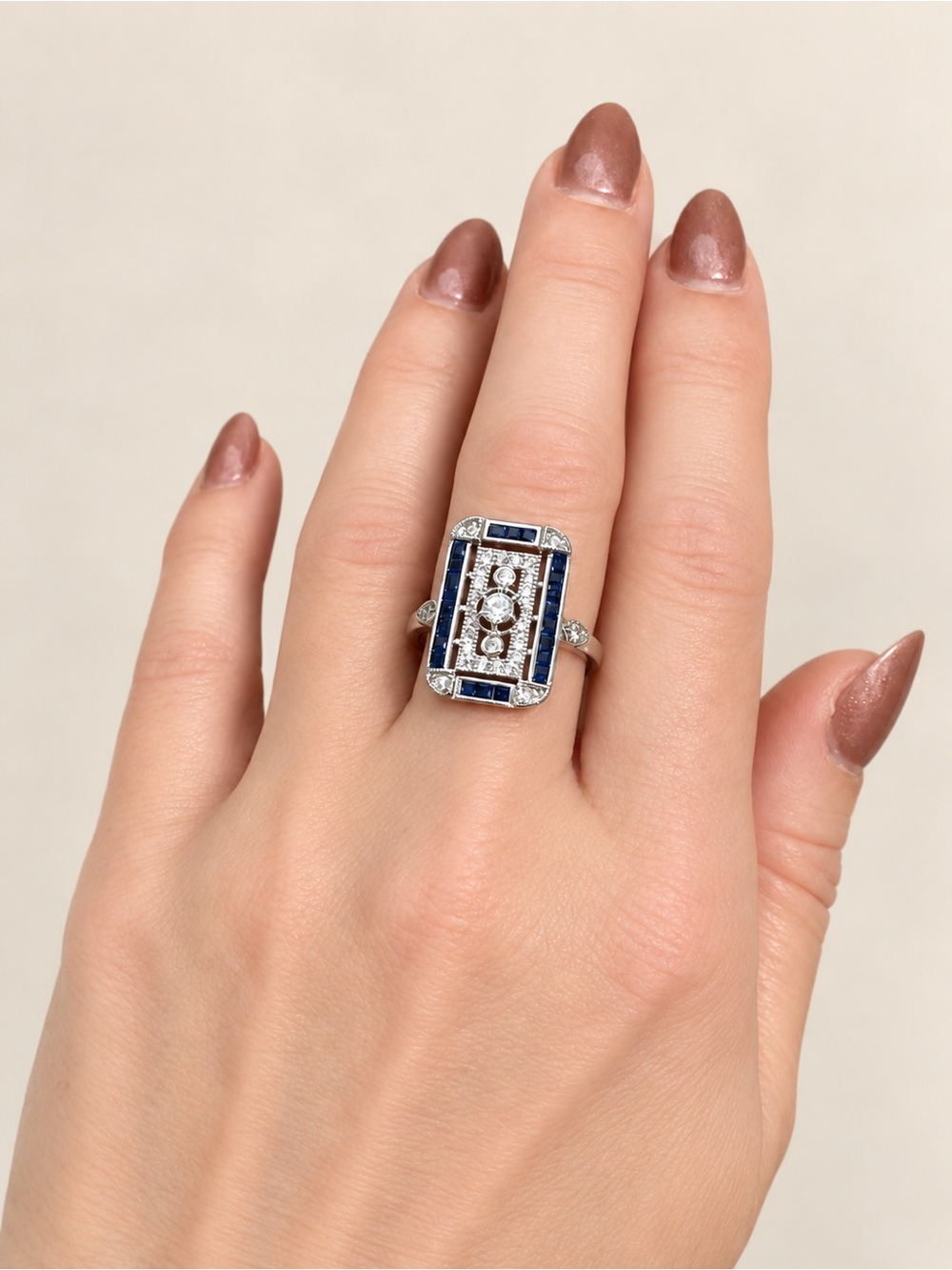 Silver Blue Accent Art Deco Ring-New Sz 7